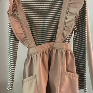Wonder Nation Green Striped Top with Tan Ruffled Overalls